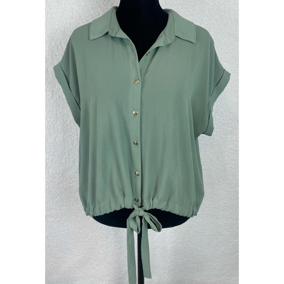 D.N.A COUTURE • Mint/Sage Green Button-Up Tie-Front Short Sleeve Blouse - Picture 1 of 13